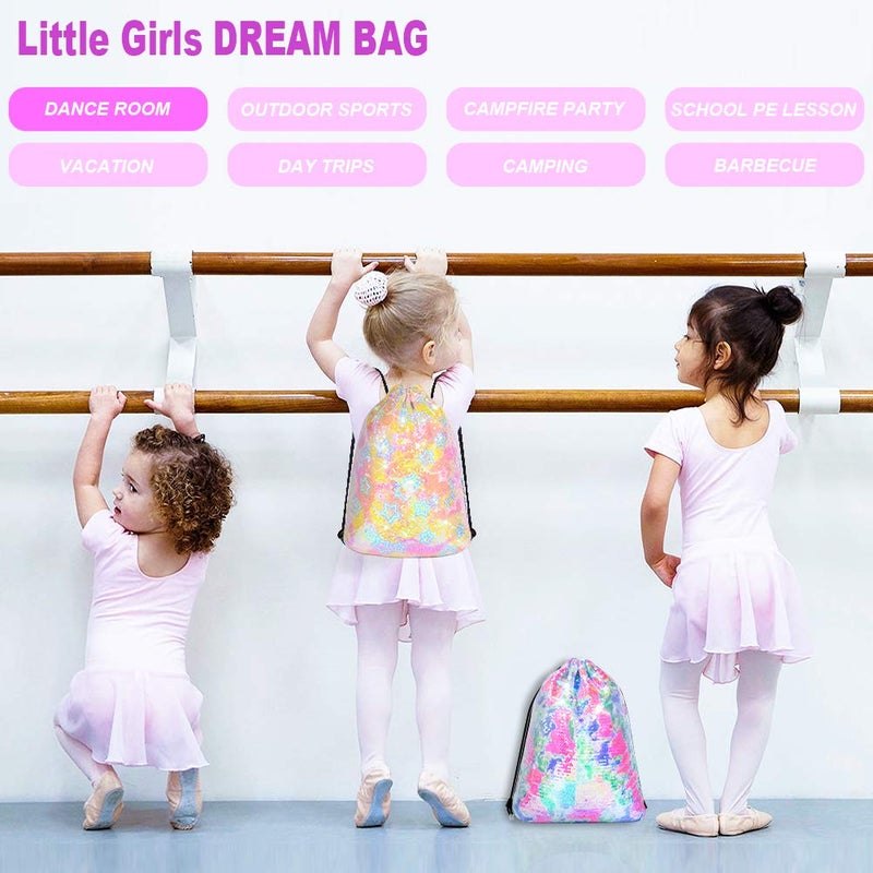 GA&EN Mermaid Reversible Sequin Drawstring Backpack/Bag Clear Iridescent Sequin+ Star Shape Spotted Fabric for Kids Girls One_Size - Image 2